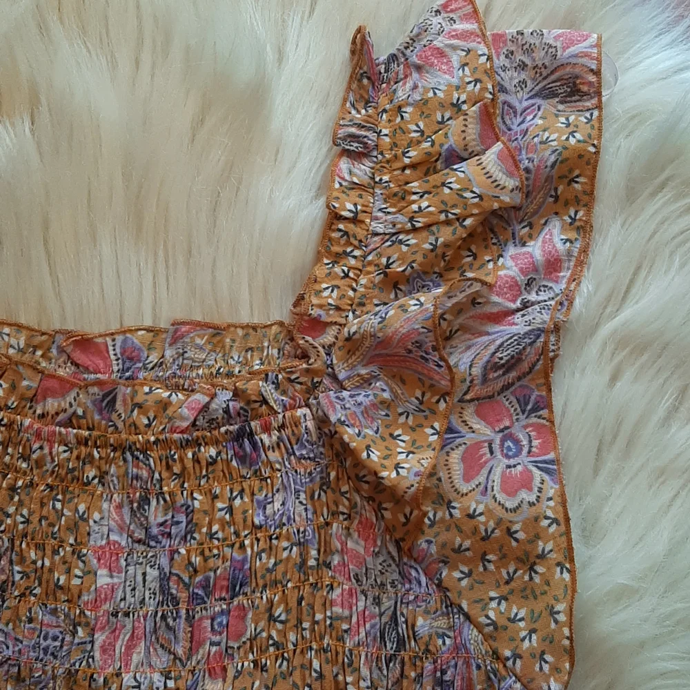Nanette Lepore Burnt Orange Floral Print Ruched Ruffle Bottom Top, Large, NWT - Picture 3 of 12